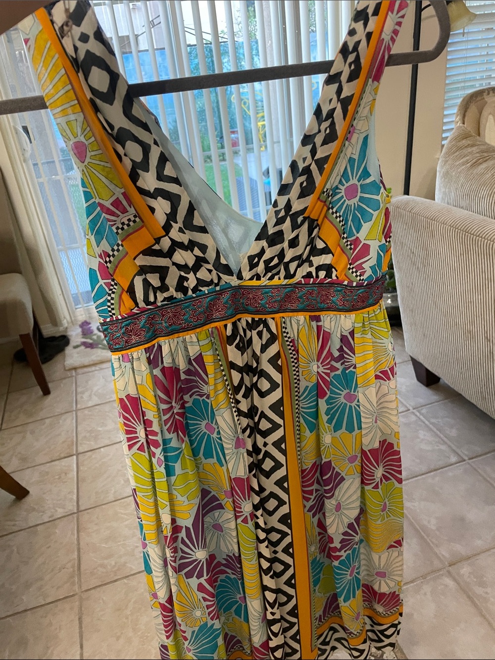 Nicole Miller Printed Silk Midi Dress in Light Blue, Black, White, Yellow, Teal